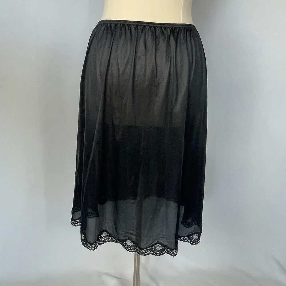 Half Slip Skirt Plus Size 22 24 Black Solid Nylon Satin Lace Trim Lingerie Vtg